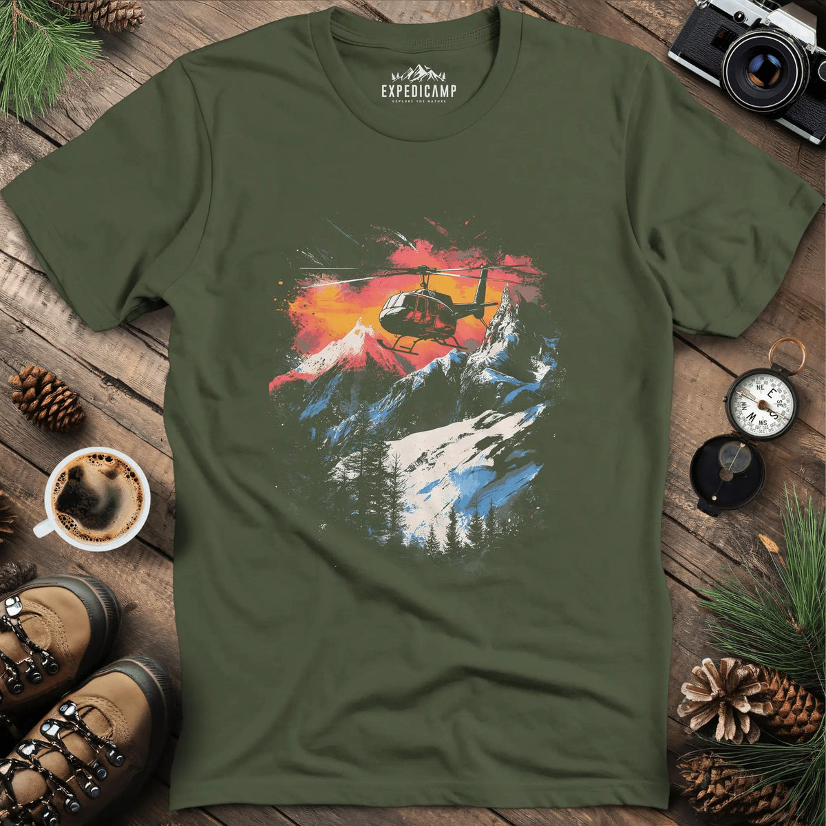 Mountain Rescue Helicopter Adventure T-Shirt – Military Green – Outdoor apparel for travel, hiking, camping, and nature lovers – ExpediCamp