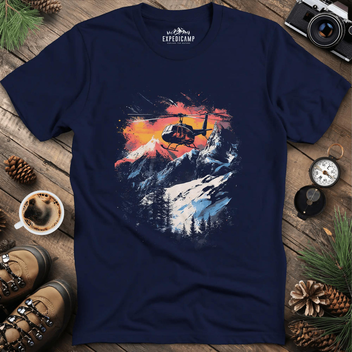 Mountain Rescue Helicopter Adventure T-Shirt – Navy – Outdoor apparel for travel, hiking, camping, and nature lovers – ExpediCamp