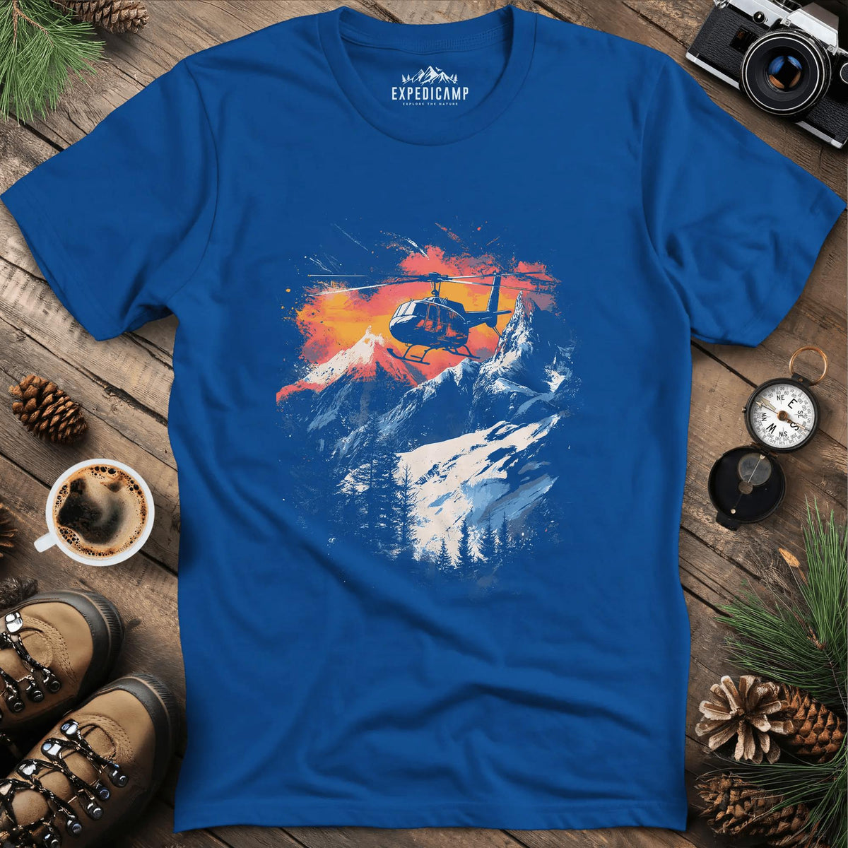 Mountain Rescue Helicopter Adventure T-Shirt – Royal – Outdoor apparel for travel, hiking, camping, and nature lovers – ExpediCamp