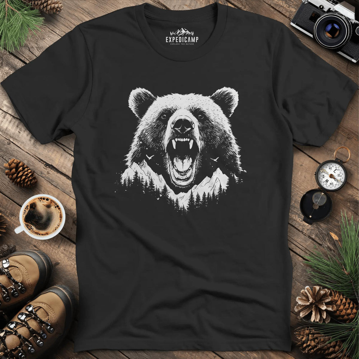 Mountain Roaring Bear T-Shirt – Power of the Wilderness – Black – Outdoor apparel for travel, hiking, camping, and nature lovers – ExpediCamp