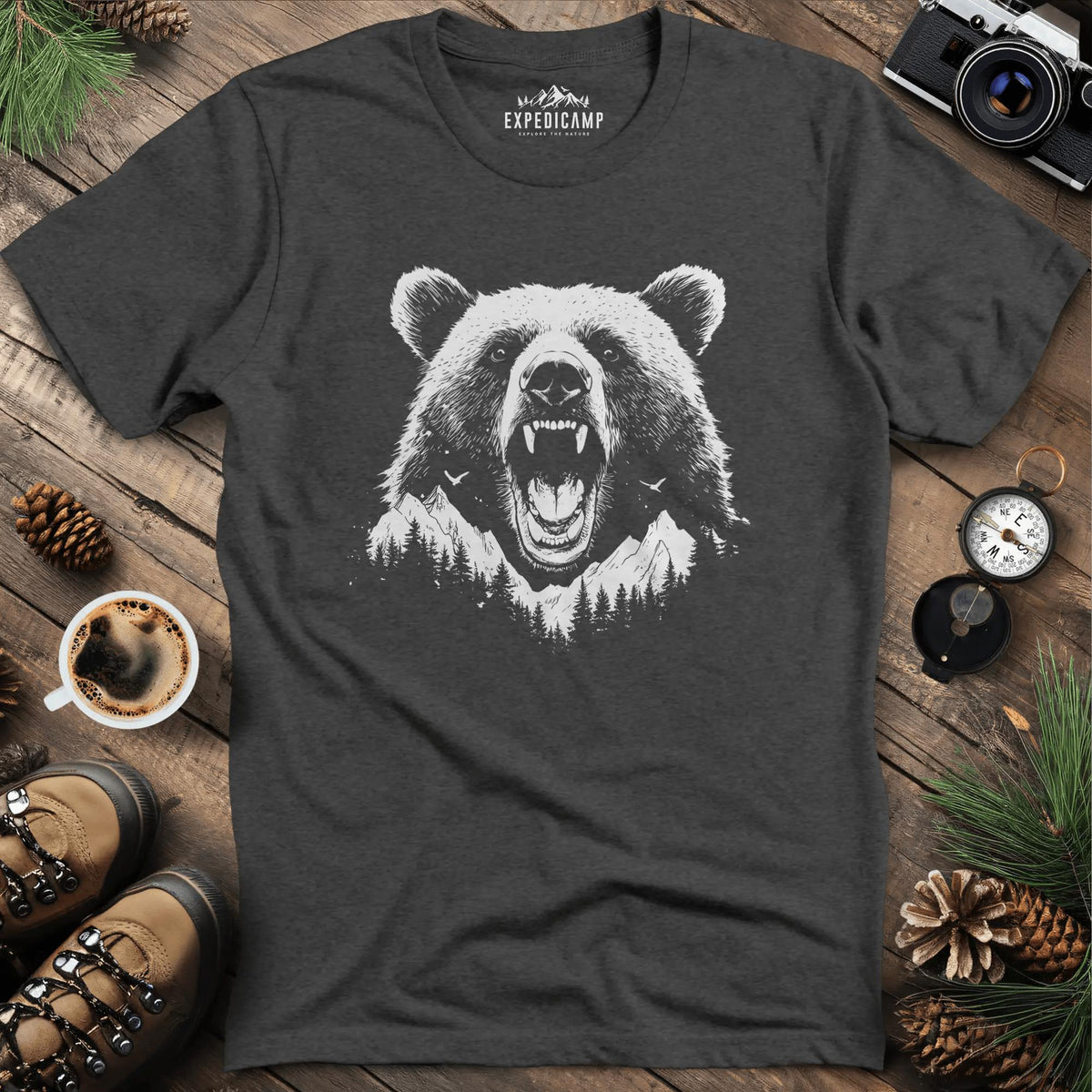 Mountain Roaring Bear T-Shirt – Power of the Wilderness – Dark Heather – Outdoor apparel for travel, hiking, camping, and nature lovers – ExpediCamp