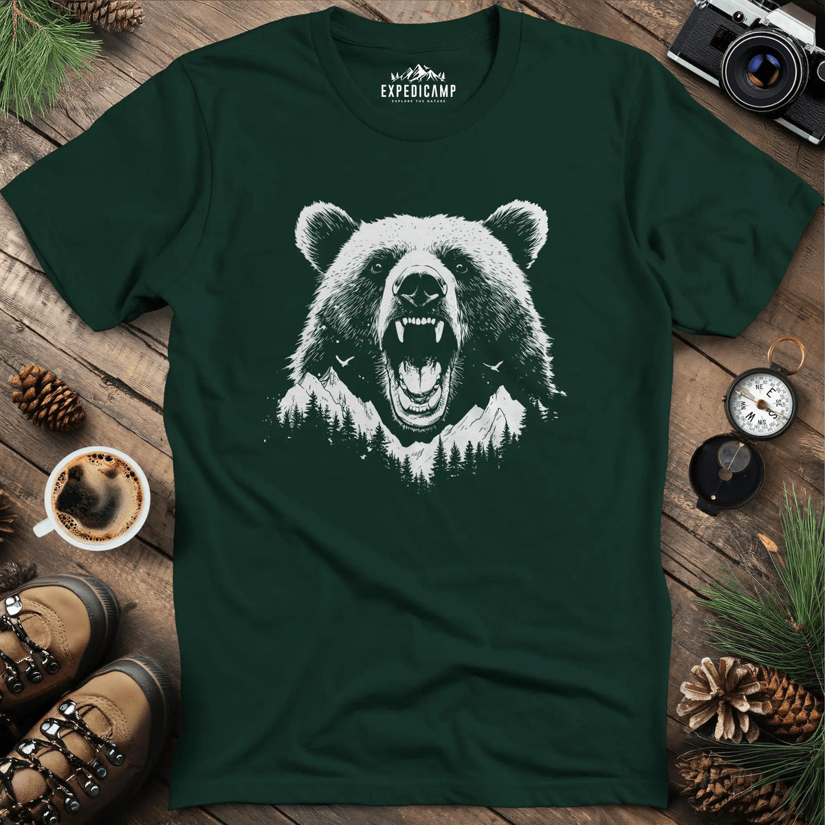 Mountain Roaring Bear T-Shirt – Power of the Wilderness – Forest Green – Outdoor apparel for travel, hiking, camping, and nature lovers – ExpediCamp