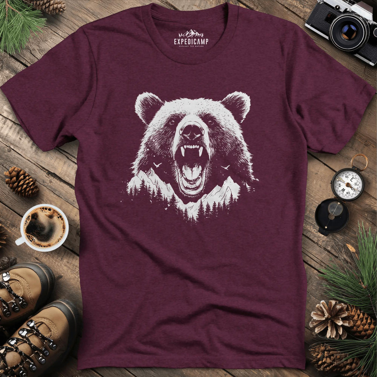 Mountain Roaring Bear T-Shirt – Power of the Wilderness – Heather Maroon – Outdoor apparel for travel, hiking, camping, and nature lovers – ExpediCamp