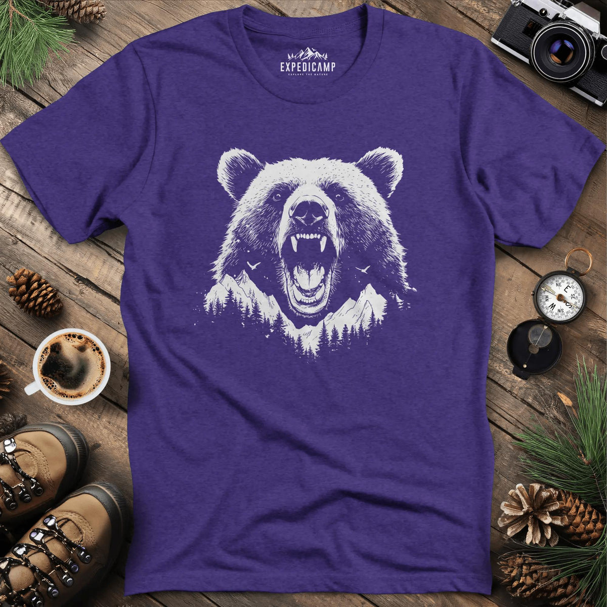 Mountain Roaring Bear T-Shirt – Power of the Wilderness – Heather Purple – Outdoor apparel for travel, hiking, camping, and nature lovers – ExpediCamp