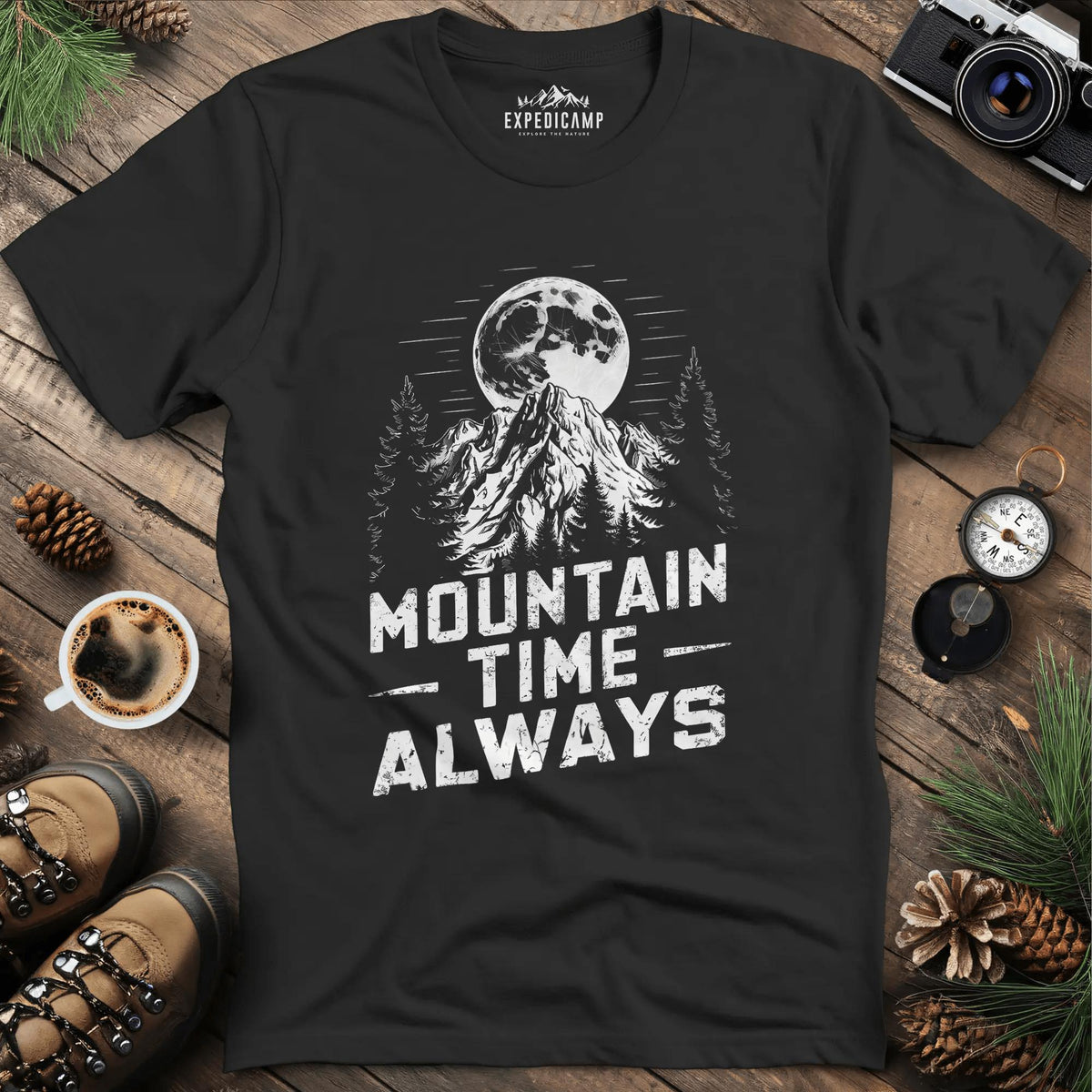 Mountain Time Always T-Shirt – Black – Outdoor apparel for travel, hiking, camping, and nature lovers – ExpediCamp