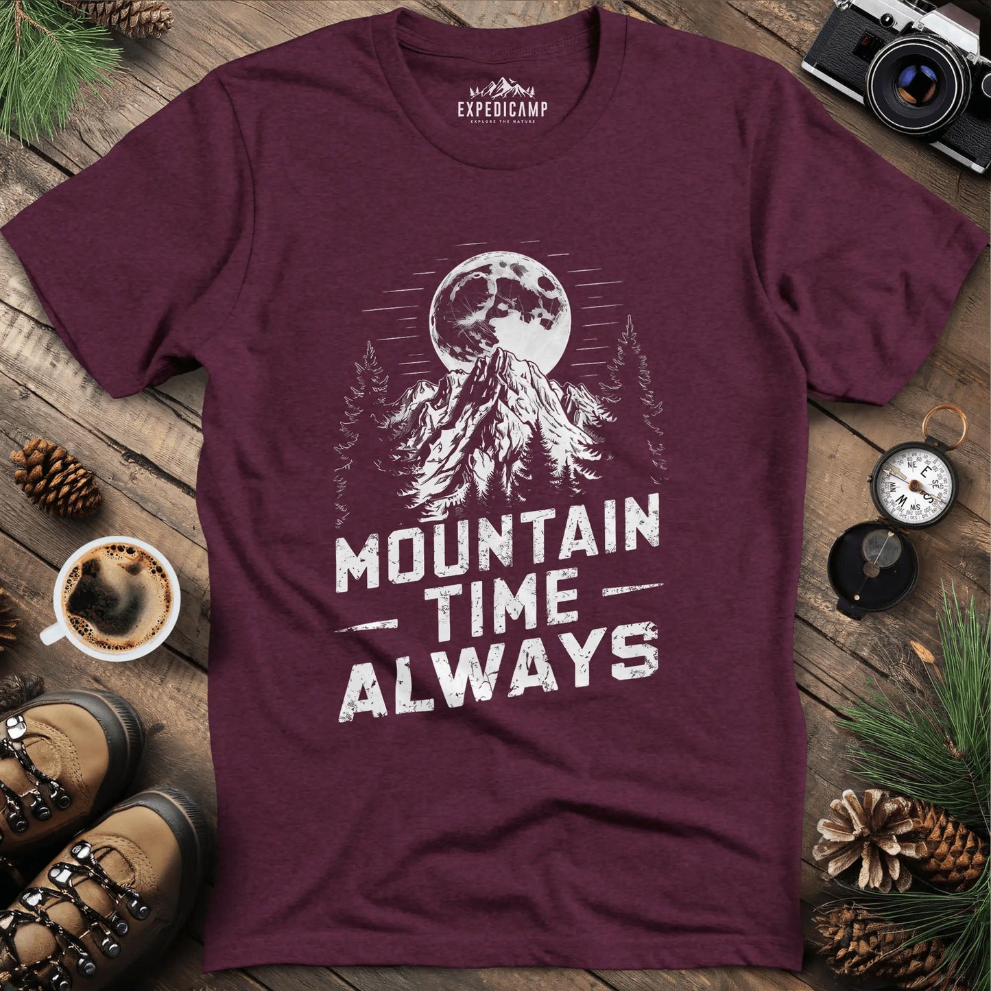 Mountain Time Always T-Shirt – Heather Maroon – Outdoor apparel for travel, hiking, camping, and nature lovers – ExpediCamp
