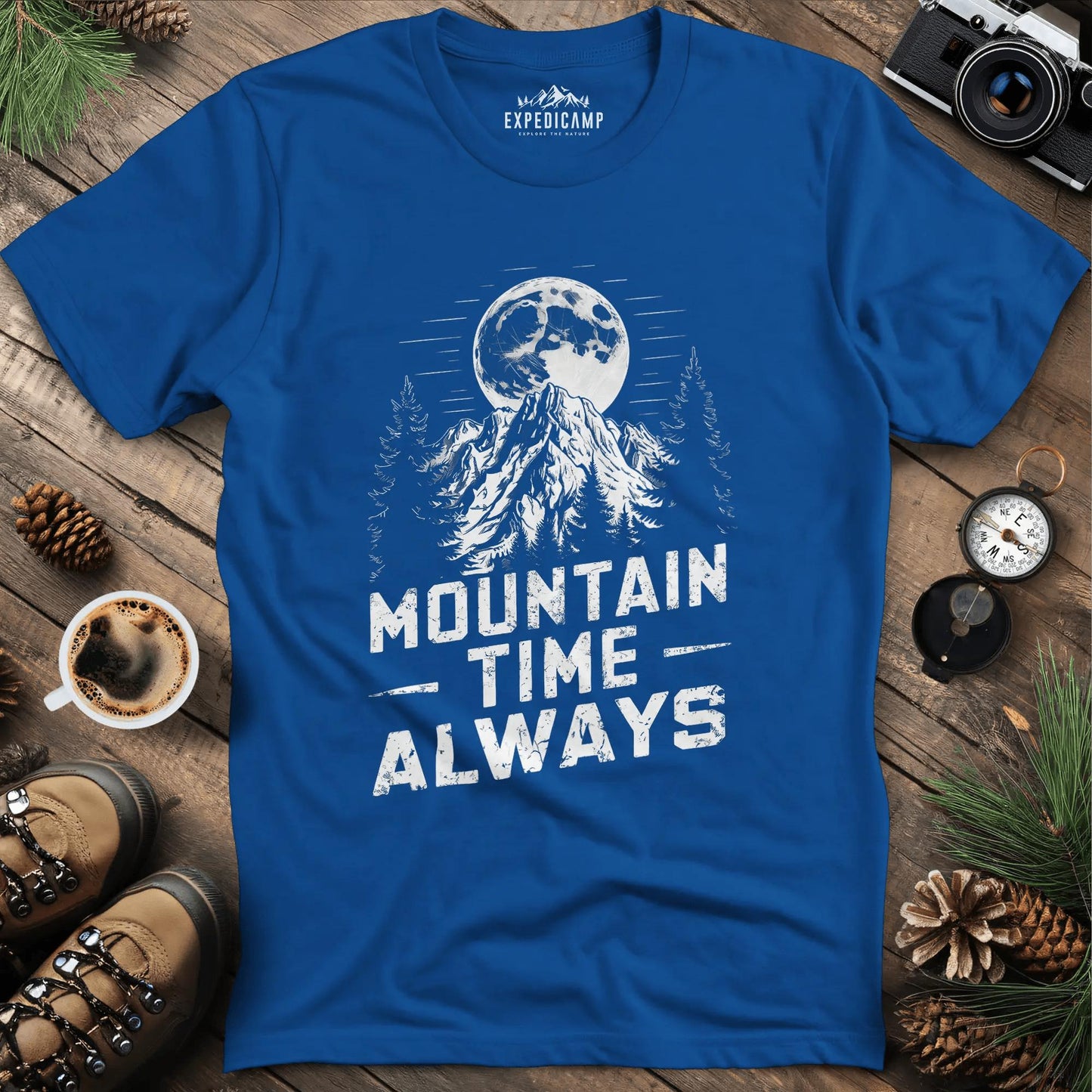 Mountain Time Always T-Shirt – Royal – Outdoor apparel for travel, hiking, camping, and nature lovers – ExpediCamp