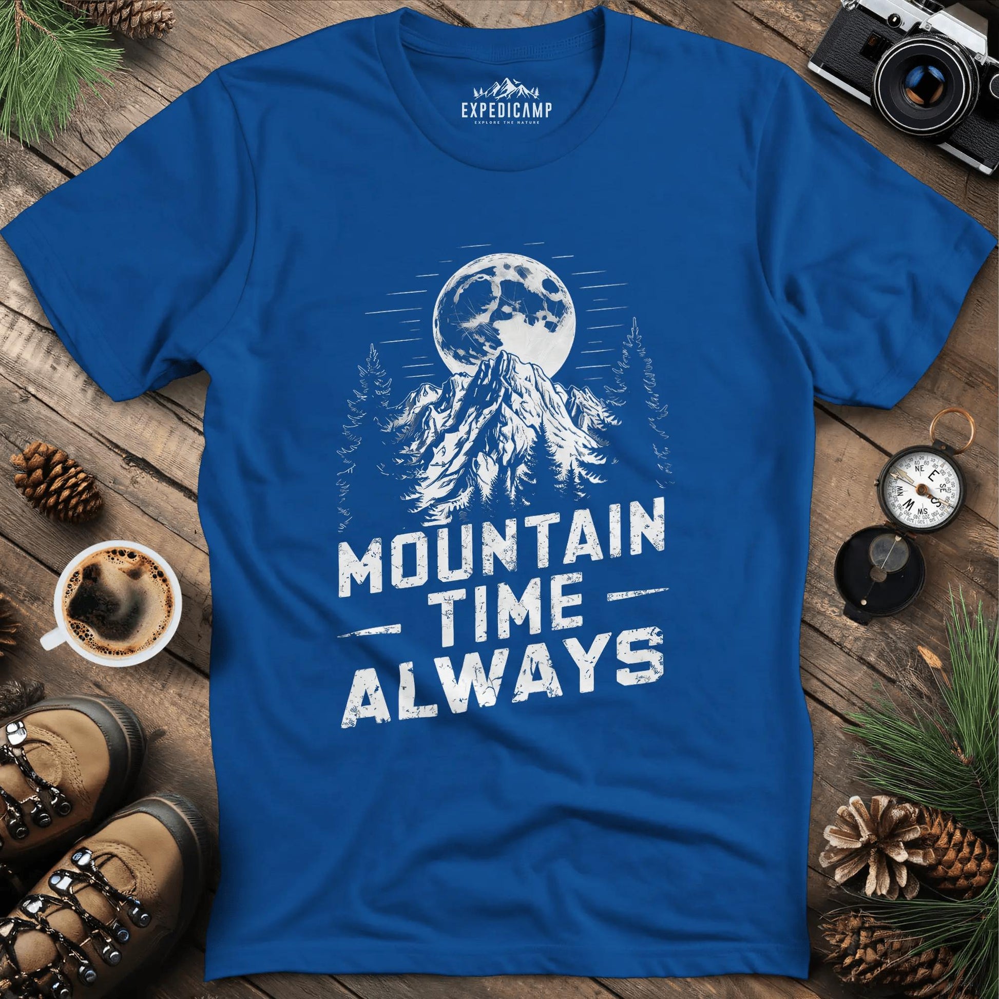 Mountain Time Always T-Shirt – Royal – Outdoor apparel for travel, hiking, camping, and nature lovers – ExpediCamp