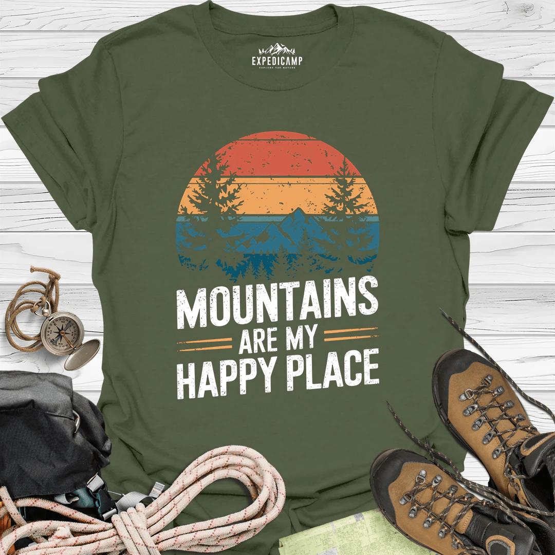 Mountains Are My Happy Place T-Shirt – Military Green – Outdoor apparel for travel, hiking, camping, and nature lovers – ExpediCamp