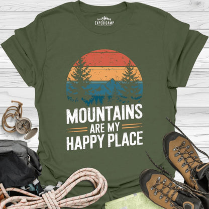 Mountains Are My Happy Place T-Shirt – Military Green – Outdoor apparel for travel, hiking, camping, and nature lovers – ExpediCamp