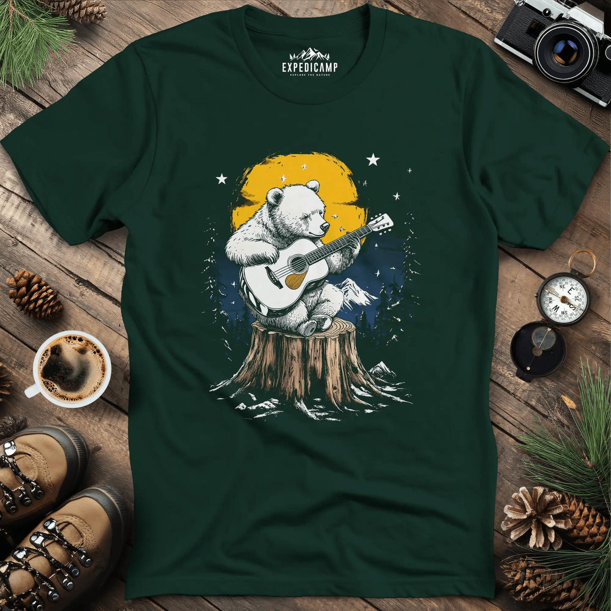 Musical Bear Under Moonlight T-Shirt – Forest Green – Outdoor apparel for travel, hiking, camping, and nature lovers – ExpediCamp