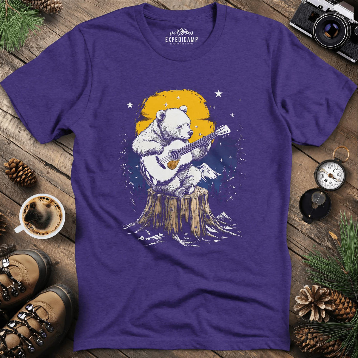 Musical Bear Under Moonlight T-Shirt – Heather Purple – Outdoor apparel for travel, hiking, camping, and nature lovers – ExpediCamp