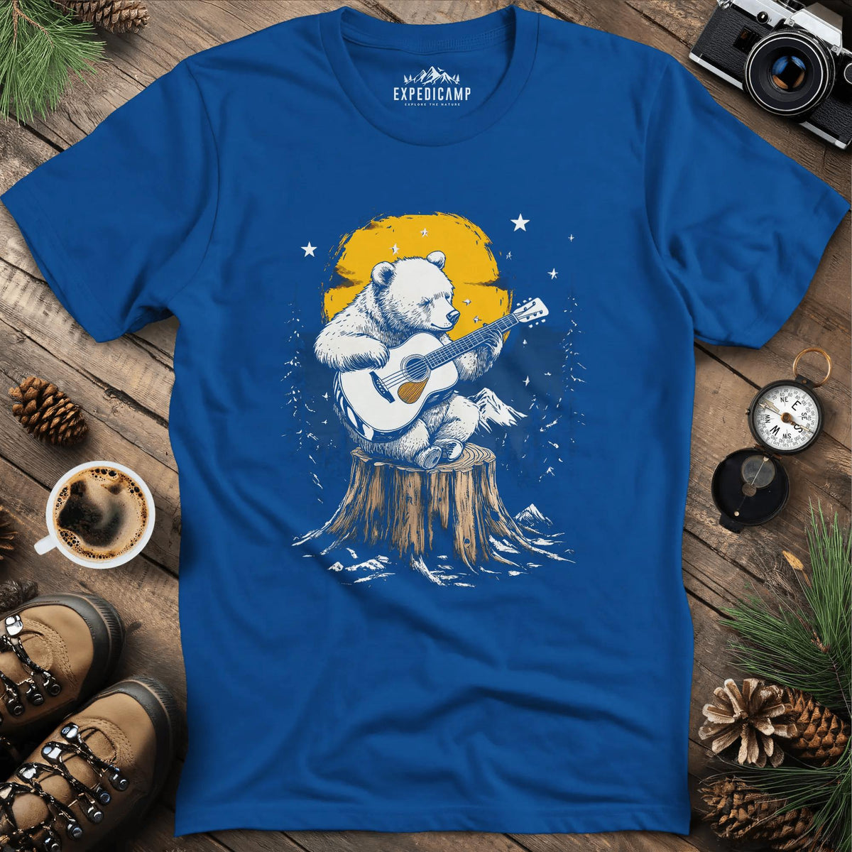 Musical Bear Under Moonlight T-Shirt – Royal – Outdoor apparel for travel, hiking, camping, and nature lovers – ExpediCamp