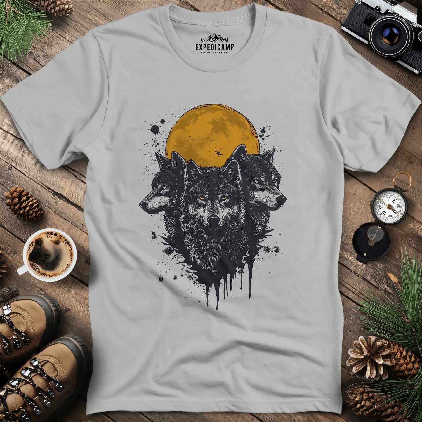 Mystic Wolves and Full Moon T-Shirt – Ice Grey – Outdoor apparel for travel, hiking, camping, and nature lovers – ExpediCamp