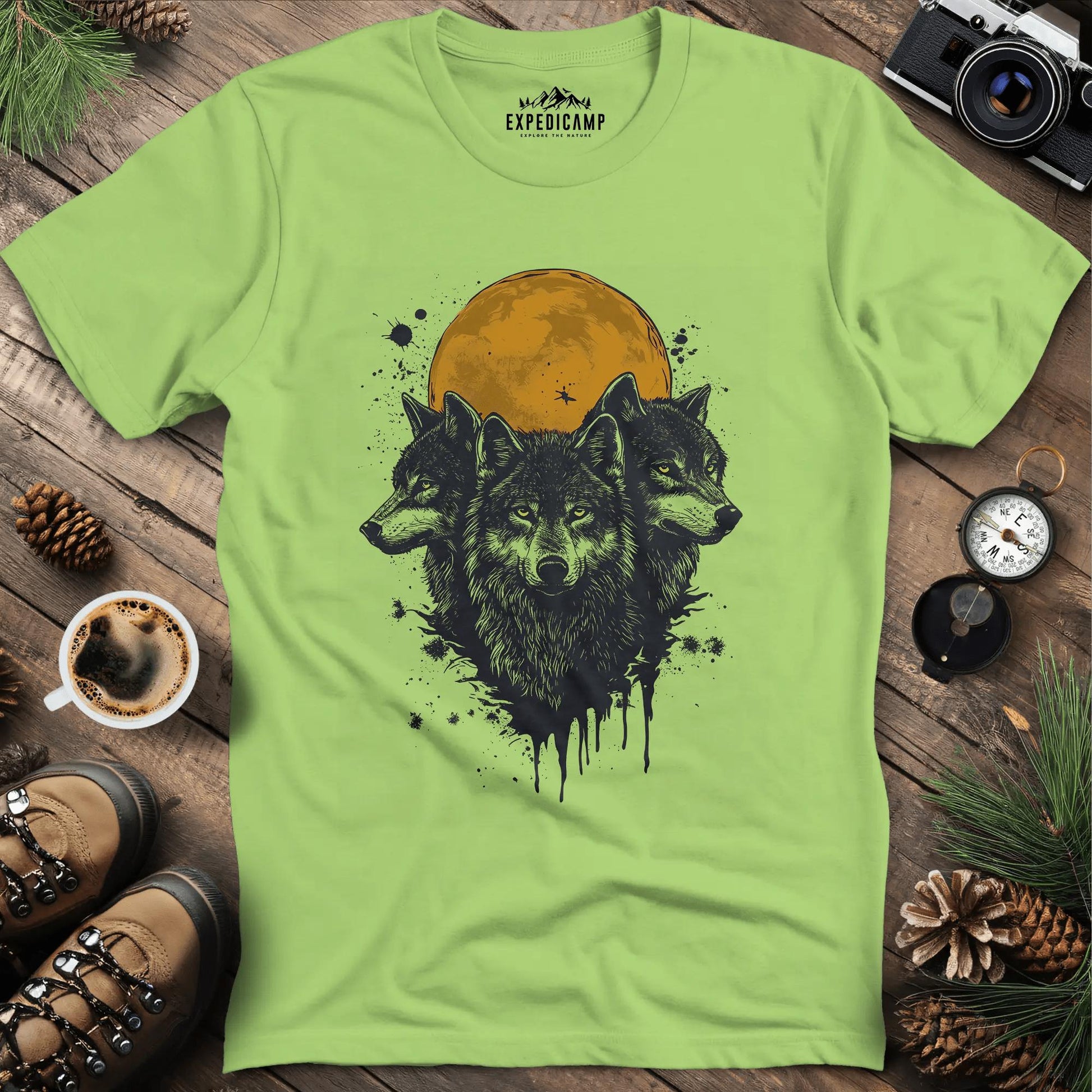 Mystic Wolves and Full Moon T-Shirt – Kiwi – Outdoor apparel for travel, hiking, camping, and nature lovers – ExpediCamp