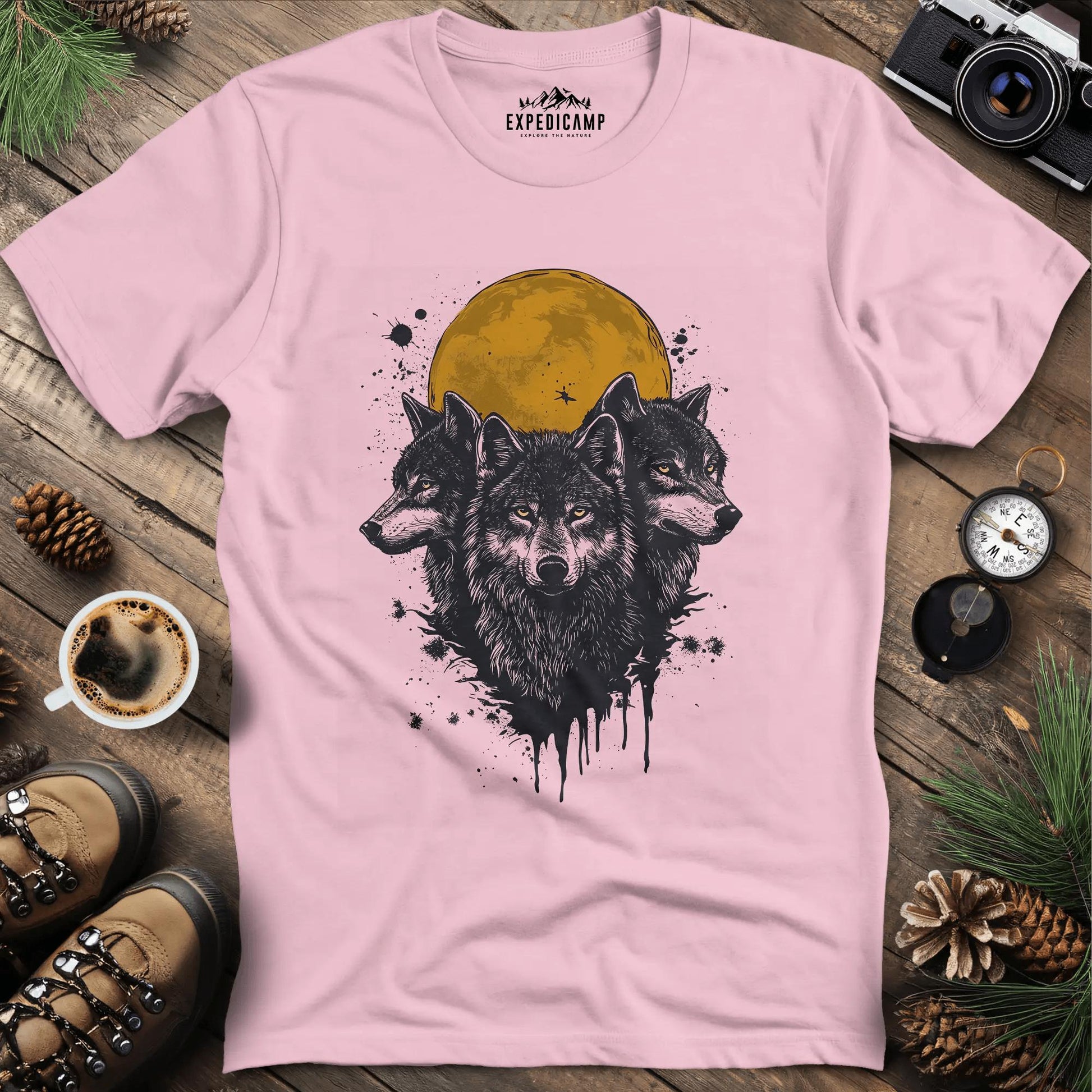 Mystic Wolves and Full Moon T-Shirt – Light Pink – Outdoor apparel for travel, hiking, camping, and nature lovers – ExpediCamp