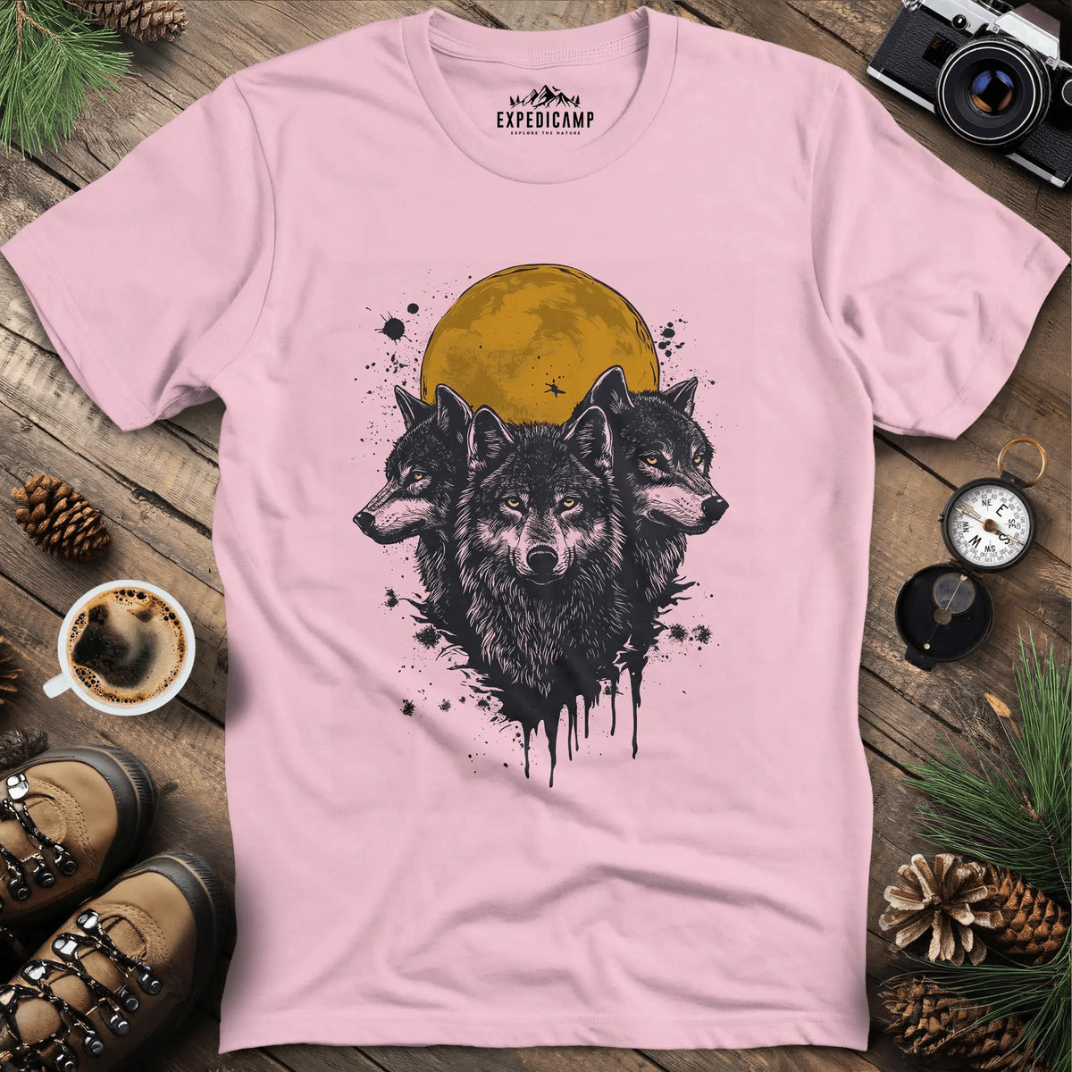 Mystic Wolves and Full Moon T-Shirt – Light Pink – Outdoor apparel for travel, hiking, camping, and nature lovers – ExpediCamp