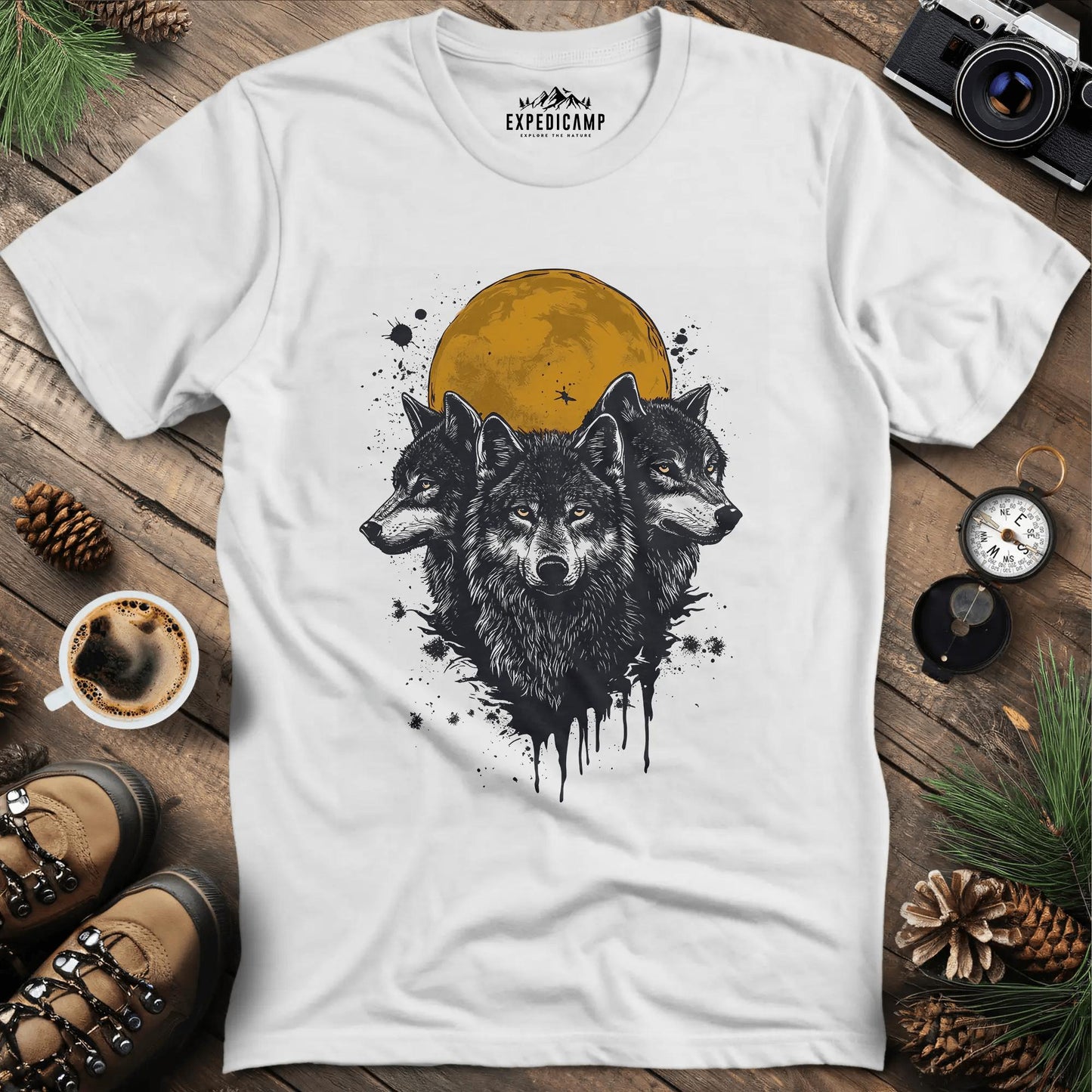 Mystic Wolves and Full Moon T-Shirt – White – Outdoor apparel for travel, hiking, camping, and nature lovers – ExpediCamp