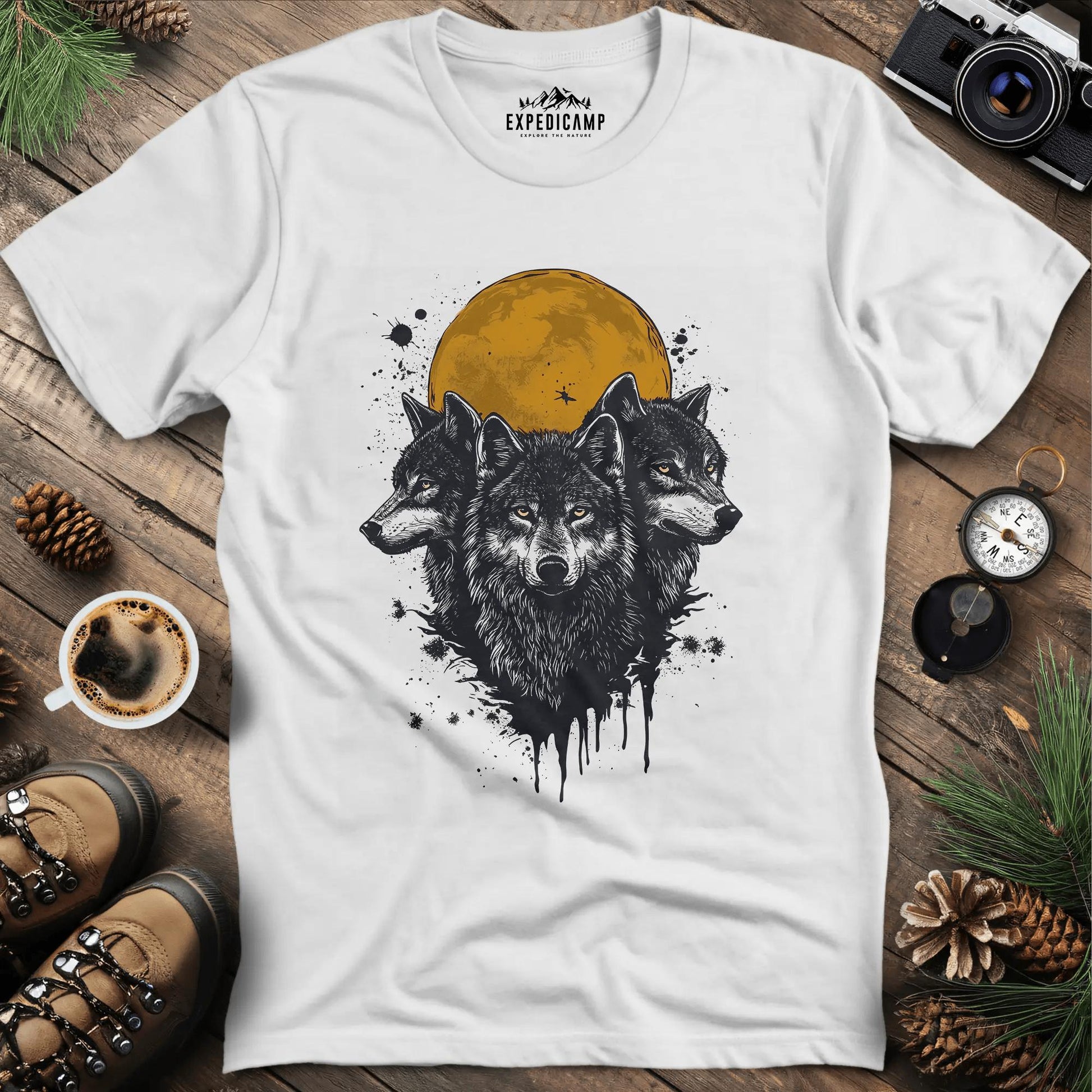 Mystic Wolves and Full Moon T-Shirt – White – Outdoor apparel for travel, hiking, camping, and nature lovers – ExpediCamp