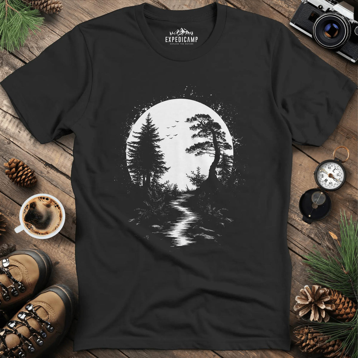 Mystical Full Moon Path T-Shirt – Black – Outdoor apparel for travel, hiking, camping, and nature lovers – ExpediCamp