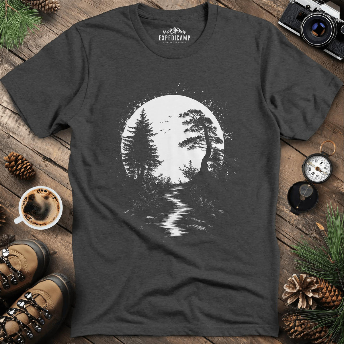 Mystical Full Moon Path T-Shirt – Dark Heather – Outdoor apparel for travel, hiking, camping, and nature lovers – ExpediCamp