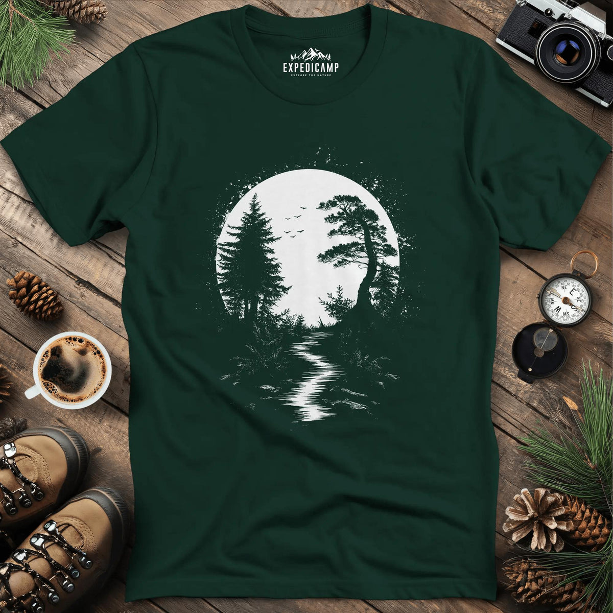 Mystical Full Moon Path T-Shirt – Forest Green – Outdoor apparel for travel, hiking, camping, and nature lovers – ExpediCamp