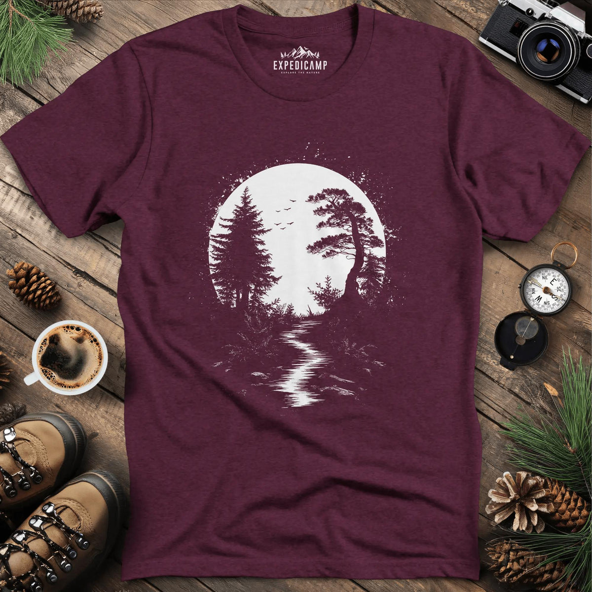 Mystical Full Moon Path T-Shirt – Heather Maroon – Outdoor apparel for travel, hiking, camping, and nature lovers – ExpediCamp