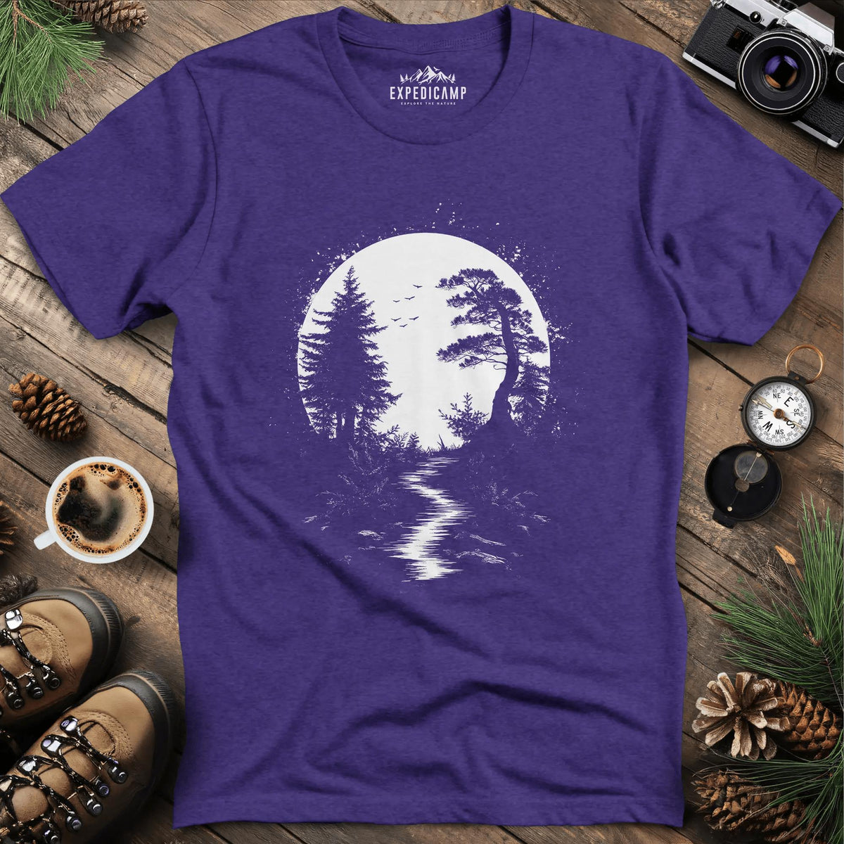 Mystical Full Moon Path T-Shirt – Heather Purple – Outdoor apparel for travel, hiking, camping, and nature lovers – ExpediCamp