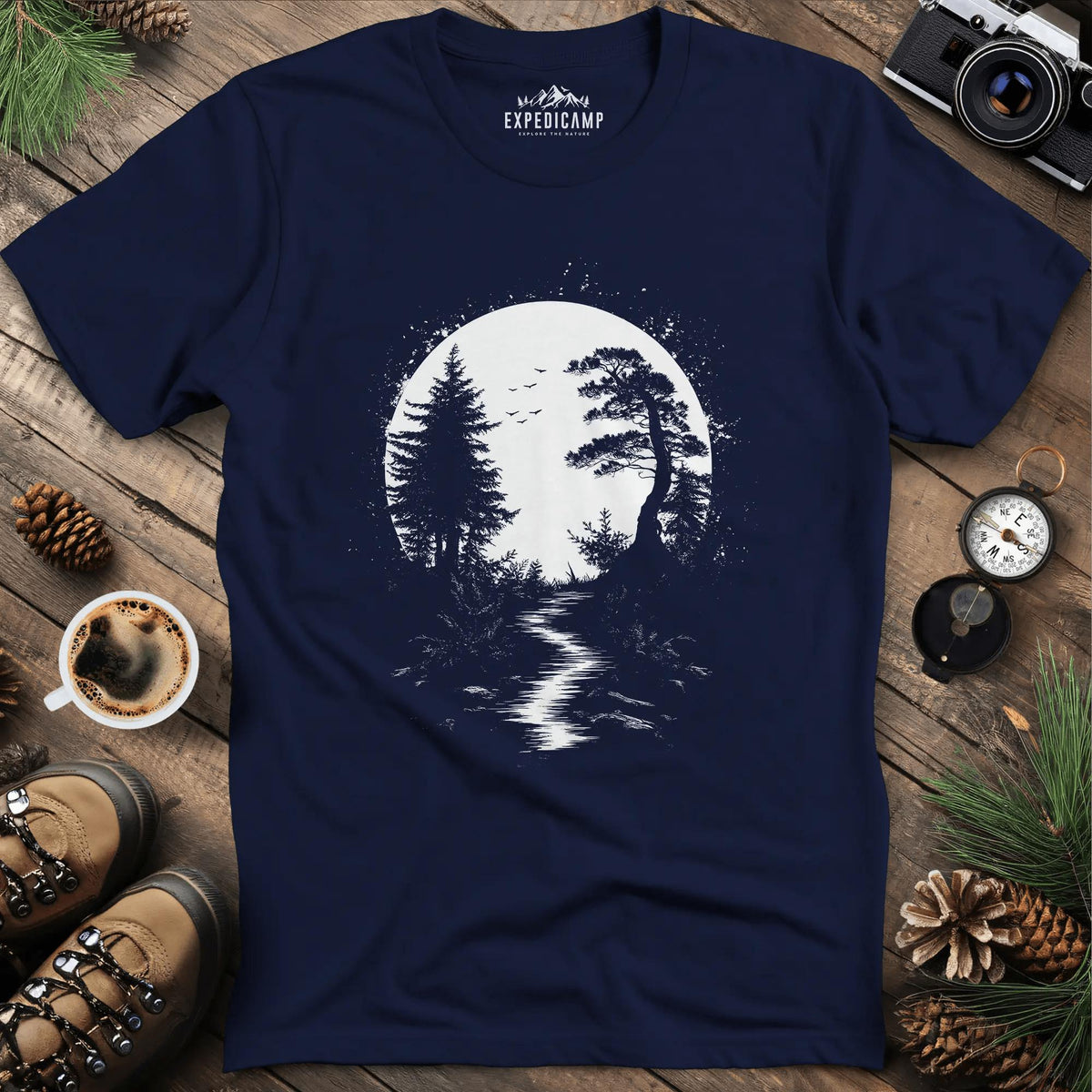 Mystical Full Moon Path T-Shirt – Navy – Outdoor apparel for travel, hiking, camping, and nature lovers – ExpediCamp
