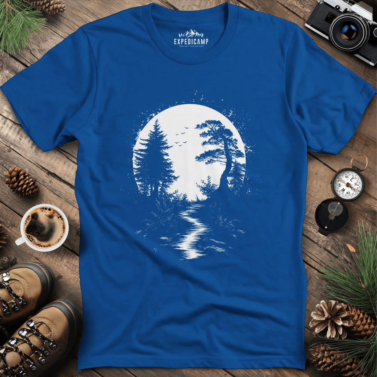 Mystical Full Moon Path T-Shirt – Royal – Outdoor apparel for travel, hiking, camping, and nature lovers – ExpediCamp