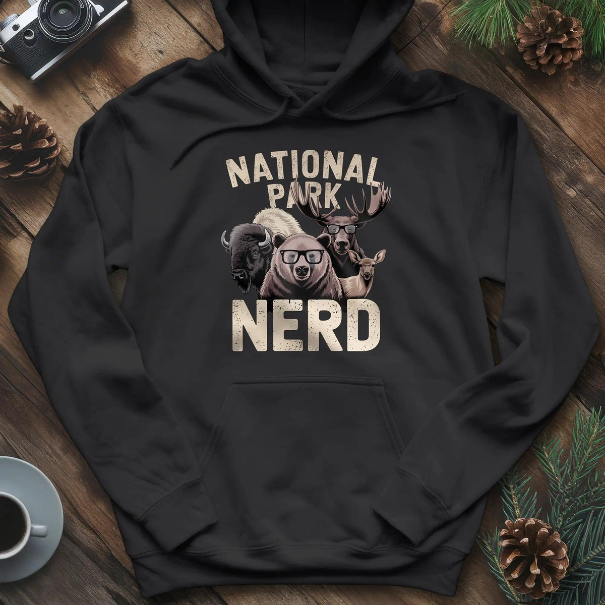 National Park Nerd Hoodie – Black – Outdoor apparel for travel, hiking, camping, and nature lovers – ExpediCamp
