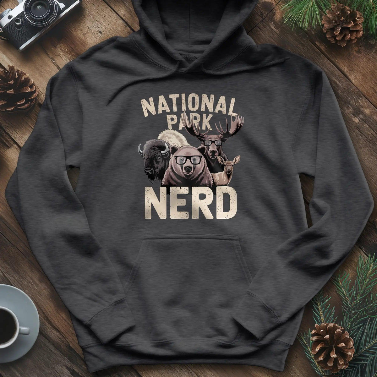 National Park Nerd Hoodie – Dark Heather – Outdoor apparel for travel, hiking, camping, and nature lovers – ExpediCamp