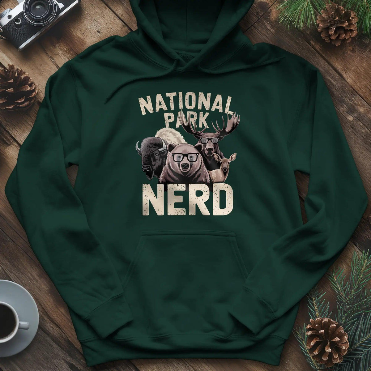 National Park Nerd Hoodie – Forest Green – Outdoor apparel for travel, hiking, camping, and nature lovers – ExpediCamp