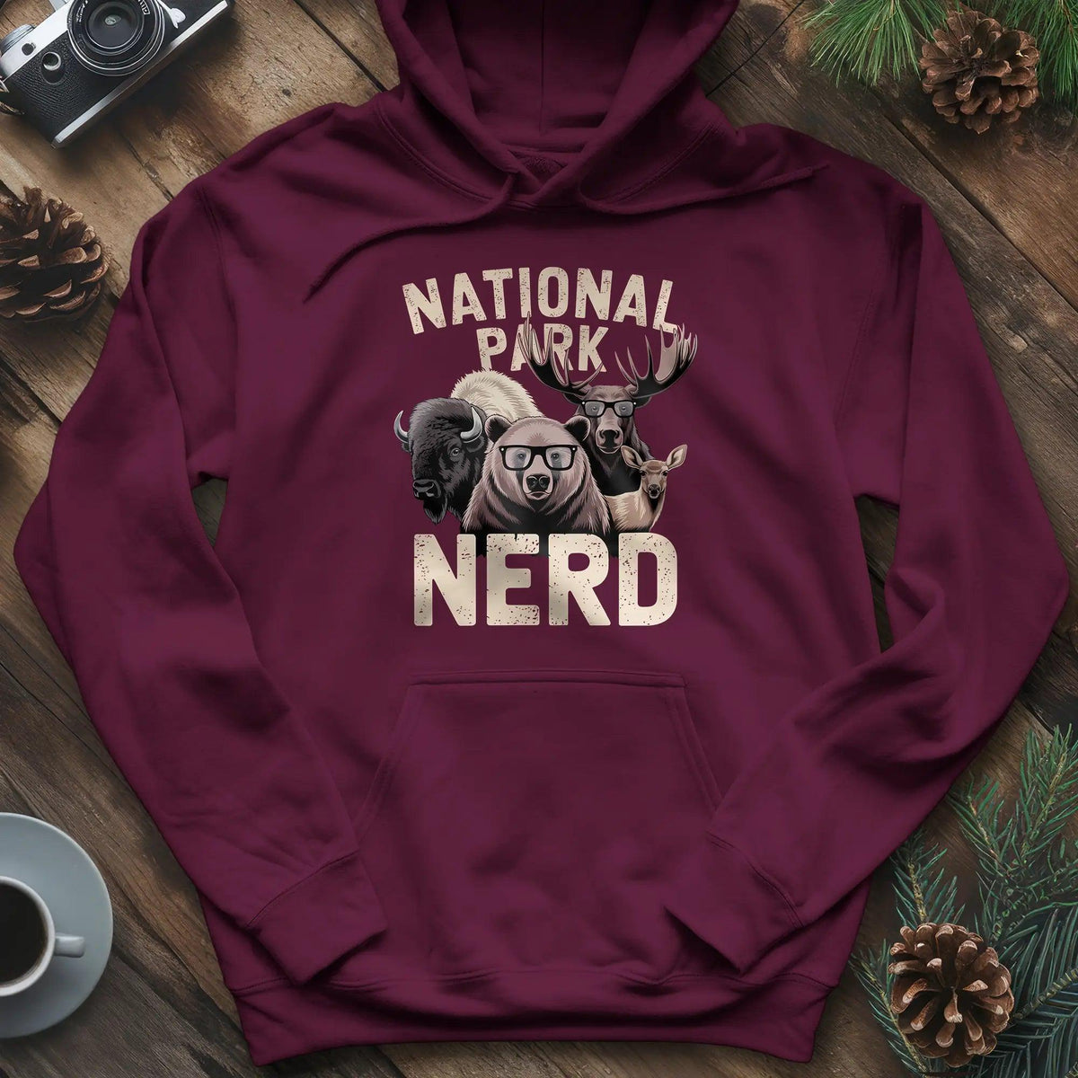 National Park Nerd Hoodie – Maroon – Outdoor apparel for travel, hiking, camping, and nature lovers – ExpediCamp
