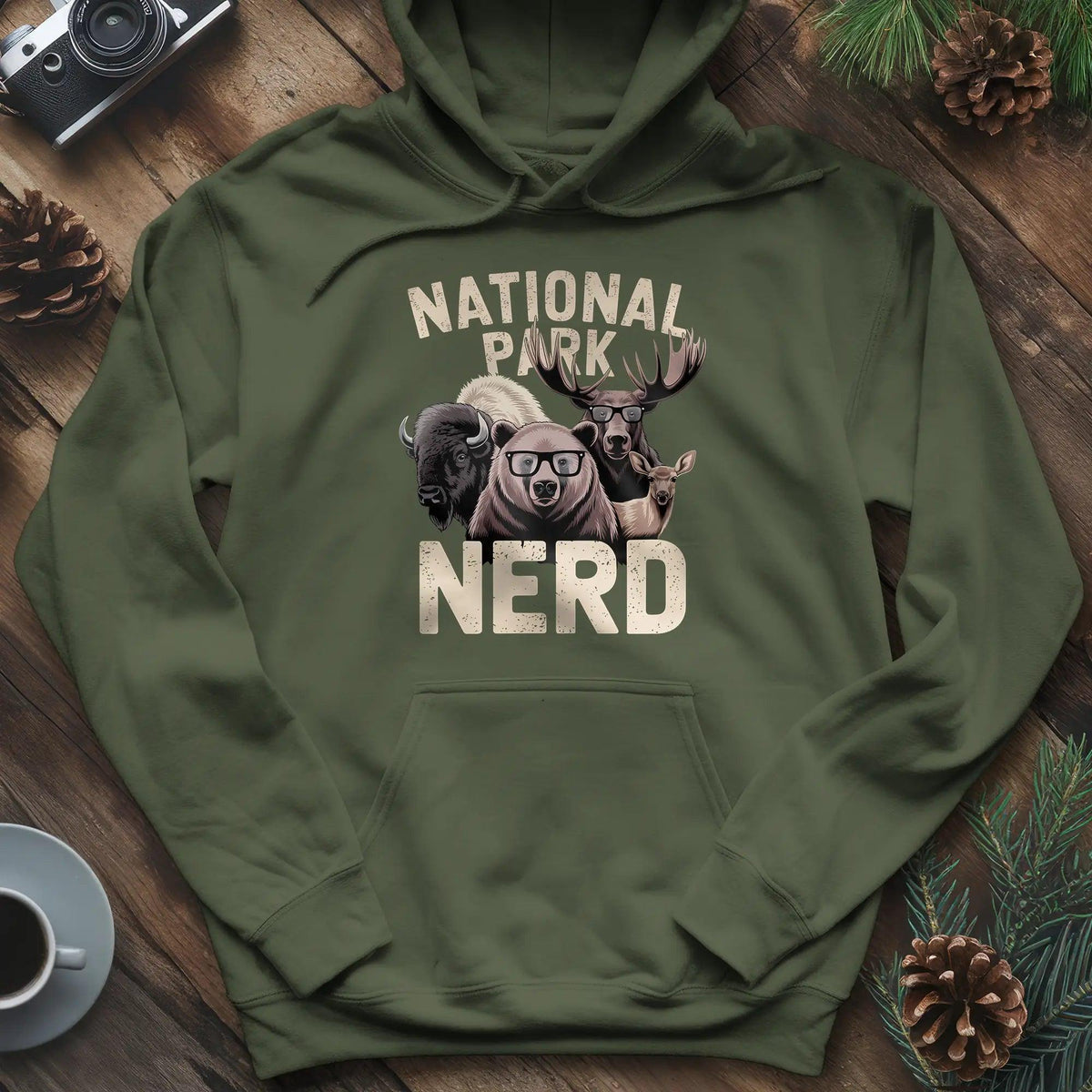 National Park Nerd Hoodie – Military Green – Outdoor apparel for travel, hiking, camping, and nature lovers – ExpediCamp