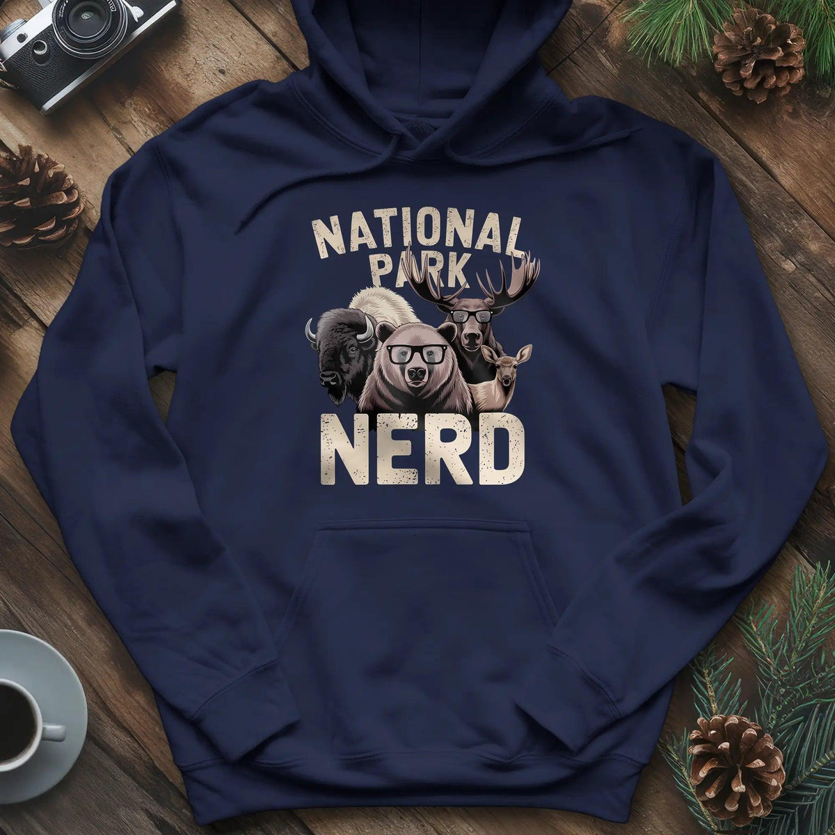 National Park Nerd Hoodie – Navy – Outdoor apparel for travel, hiking, camping, and nature lovers – ExpediCamp