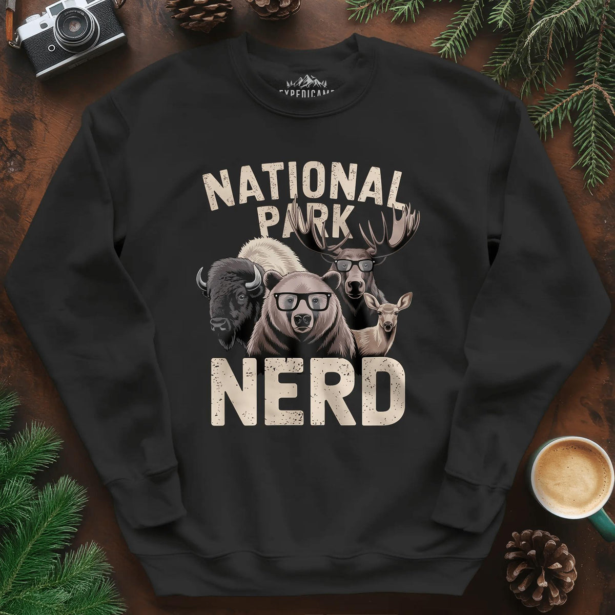 National Park Nerd Sweatshirt – Black – Outdoor apparel for travel, hiking, camping, and nature lovers – ExpediCamp