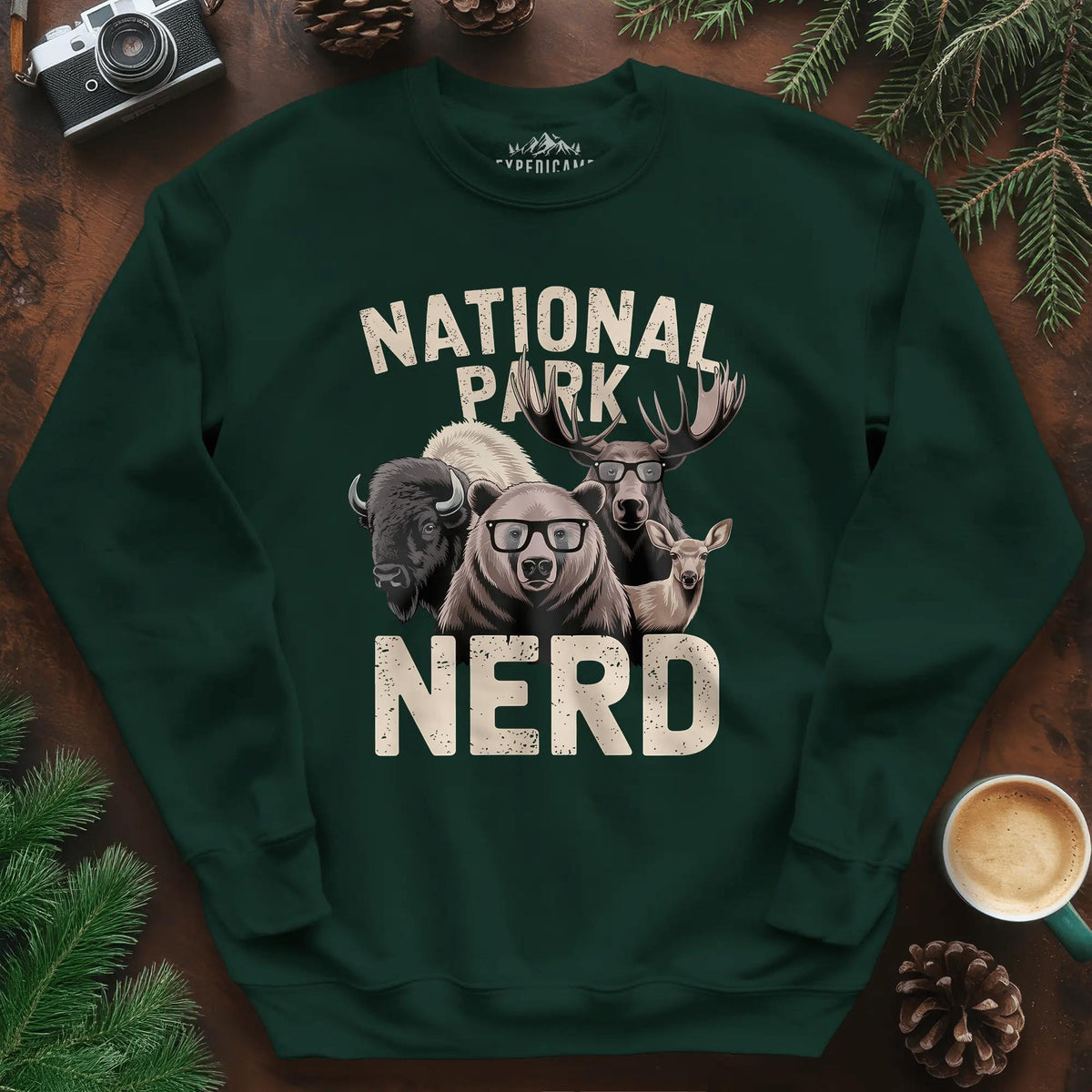 National Park Nerd Sweatshirt – Forest Green – Outdoor apparel for travel, hiking, camping, and nature lovers – ExpediCamp