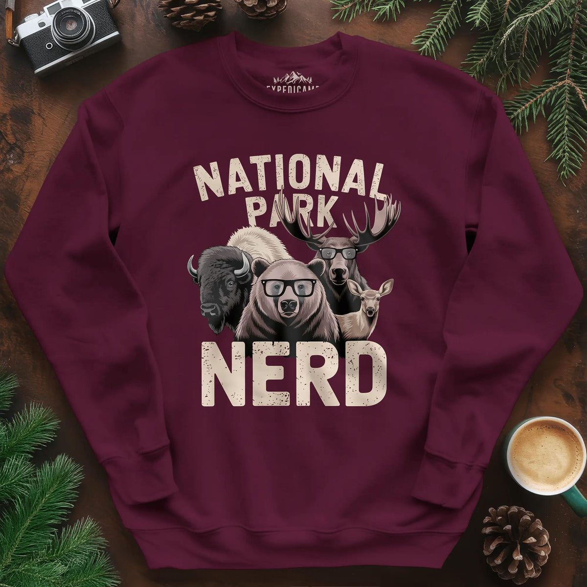 National Park Nerd Sweatshirt – Maroon – Outdoor apparel for travel, hiking, camping, and nature lovers – ExpediCamp