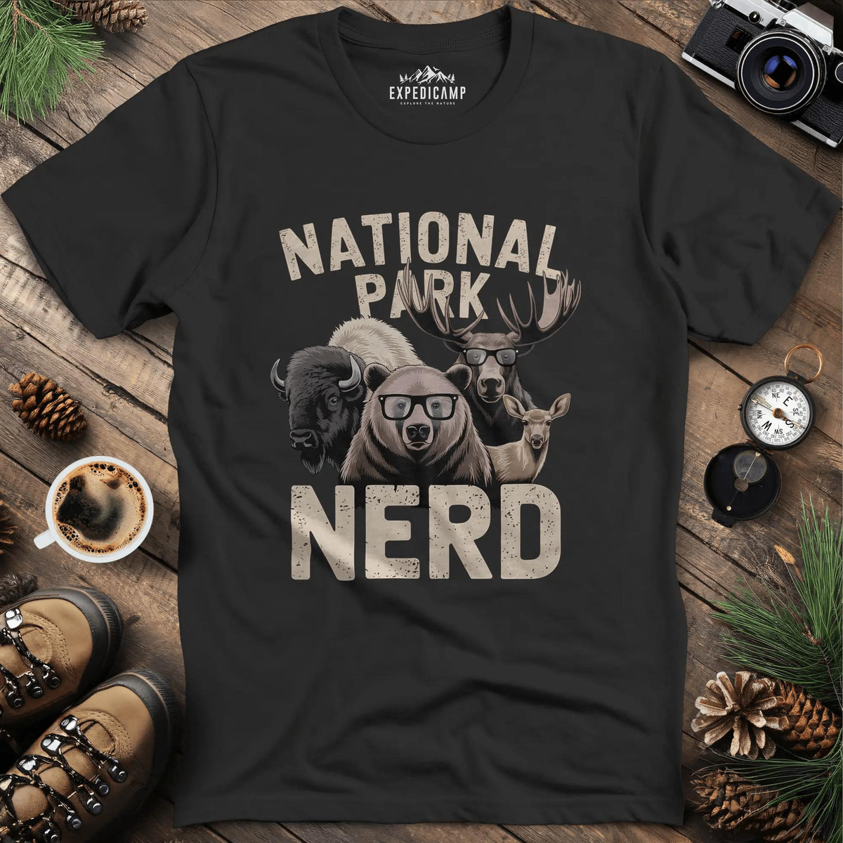National Park Nerd T-Shirt – Black – Outdoor apparel for travel, hiking, camping, and nature lovers – ExpediCamp
