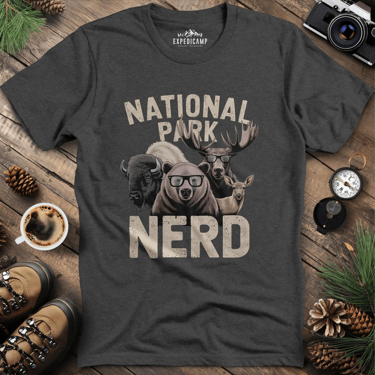 National Park Nerd T-Shirt – Dark Heather – Outdoor apparel for travel, hiking, camping, and nature lovers – ExpediCamp