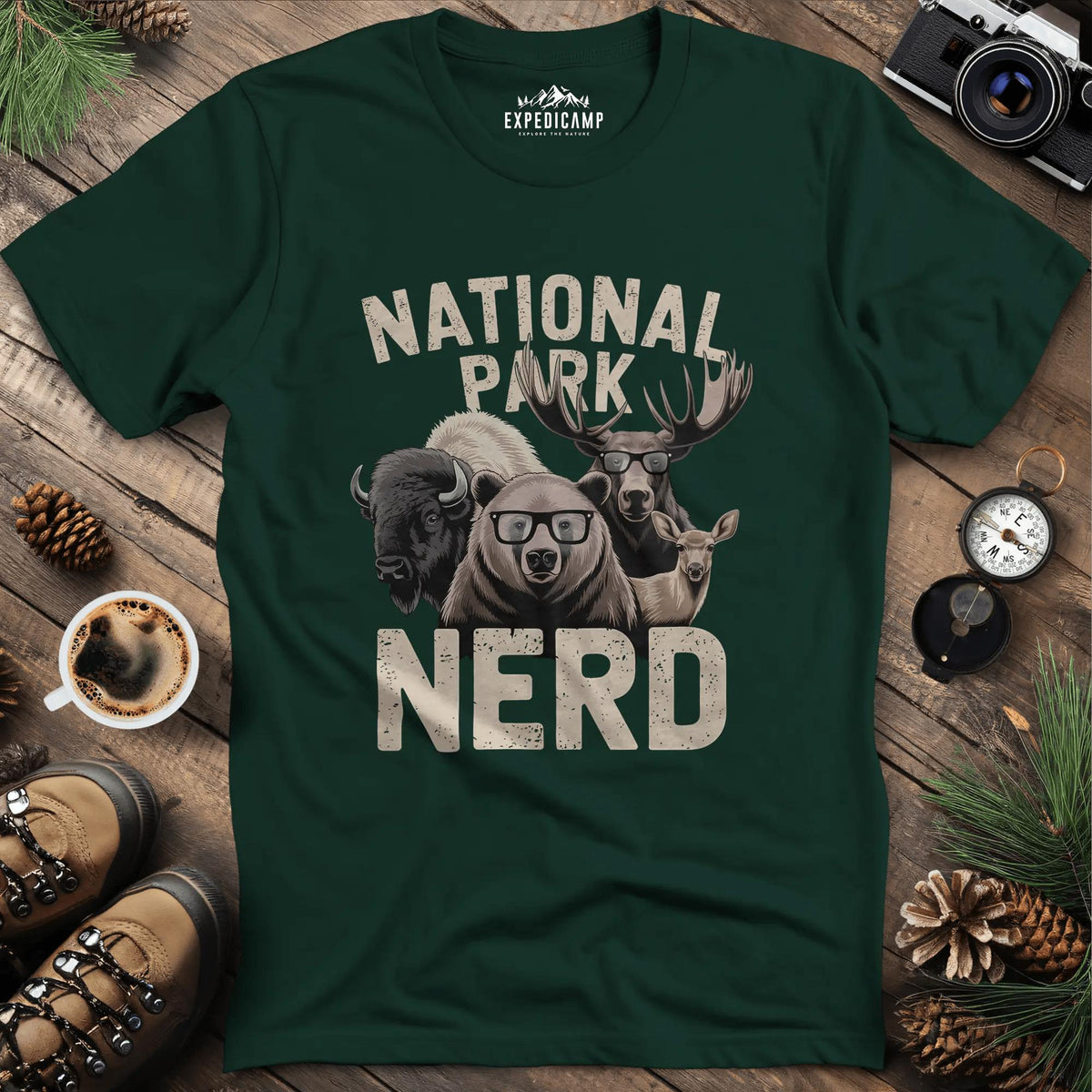 National Park Nerd T-Shirt – Forest Green – Outdoor apparel for travel, hiking, camping, and nature lovers – ExpediCamp