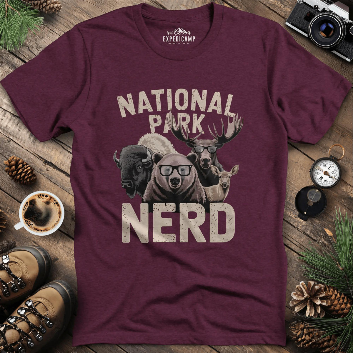 National Park Nerd T-Shirt – Heather Maroon – Outdoor apparel for travel, hiking, camping, and nature lovers – ExpediCamp