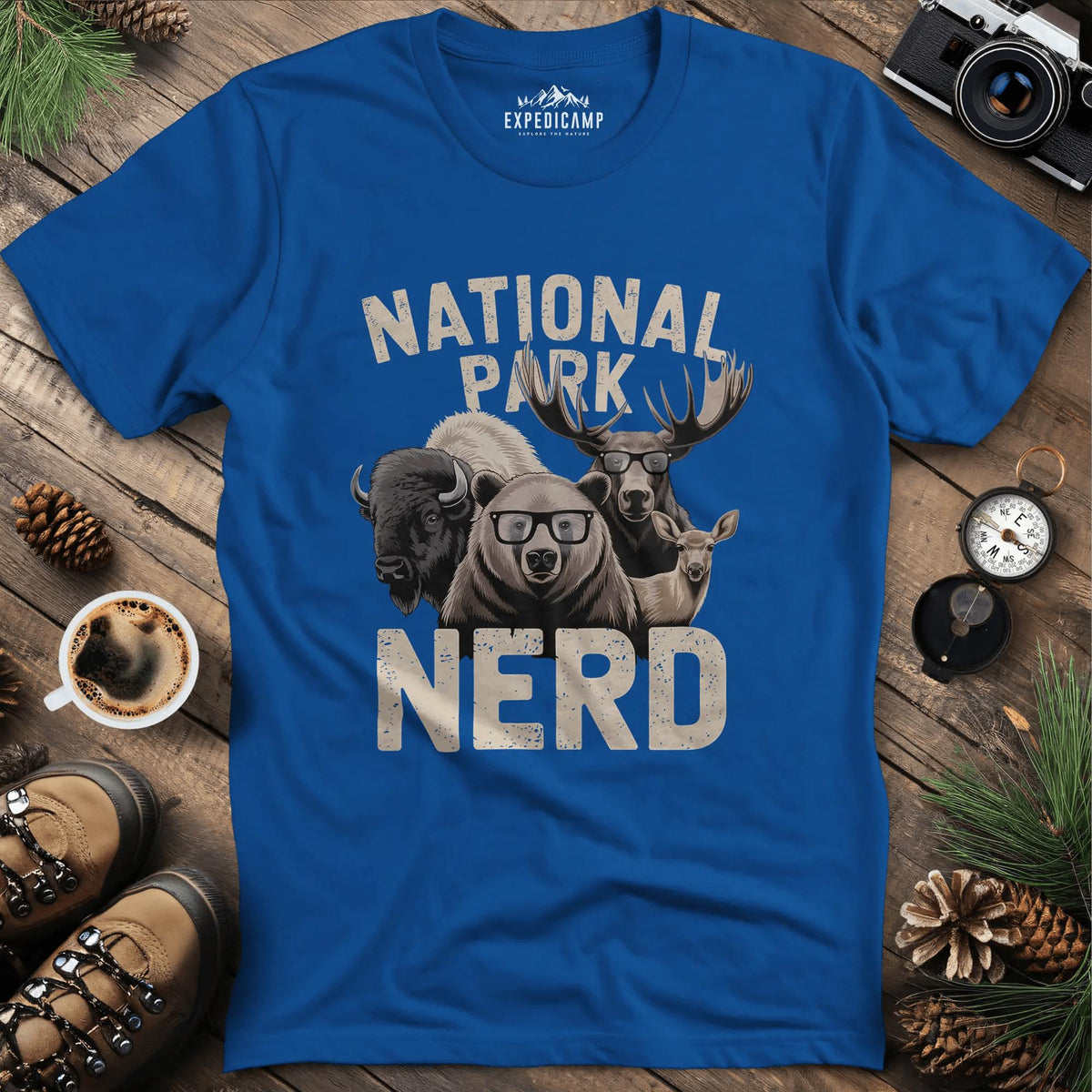 National Park Nerd T-Shirt – Royal – Outdoor apparel for travel, hiking, camping, and nature lovers – ExpediCamp