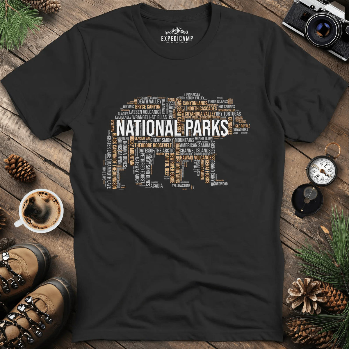 National Parks Bear T-Shirt - Explore the USA – Black – Outdoor apparel for travel, hiking, camping, and nature lovers – ExpediCamp