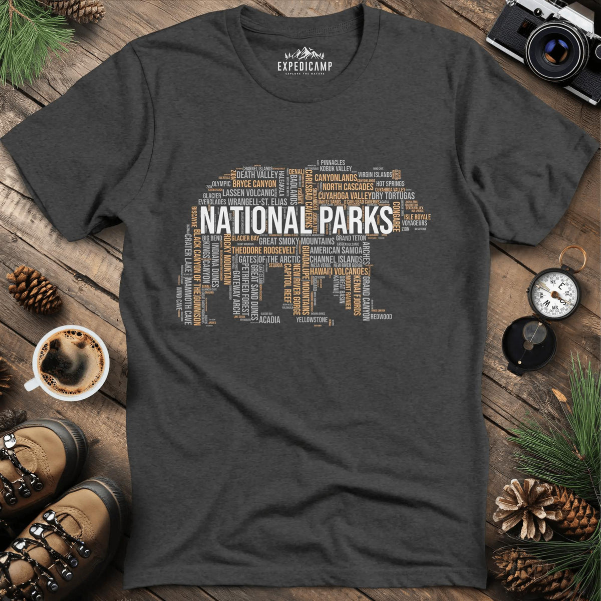 National Parks Bear T-Shirt - Explore the USA – Dark Heather – Outdoor apparel for travel, hiking, camping, and nature lovers – ExpediCamp