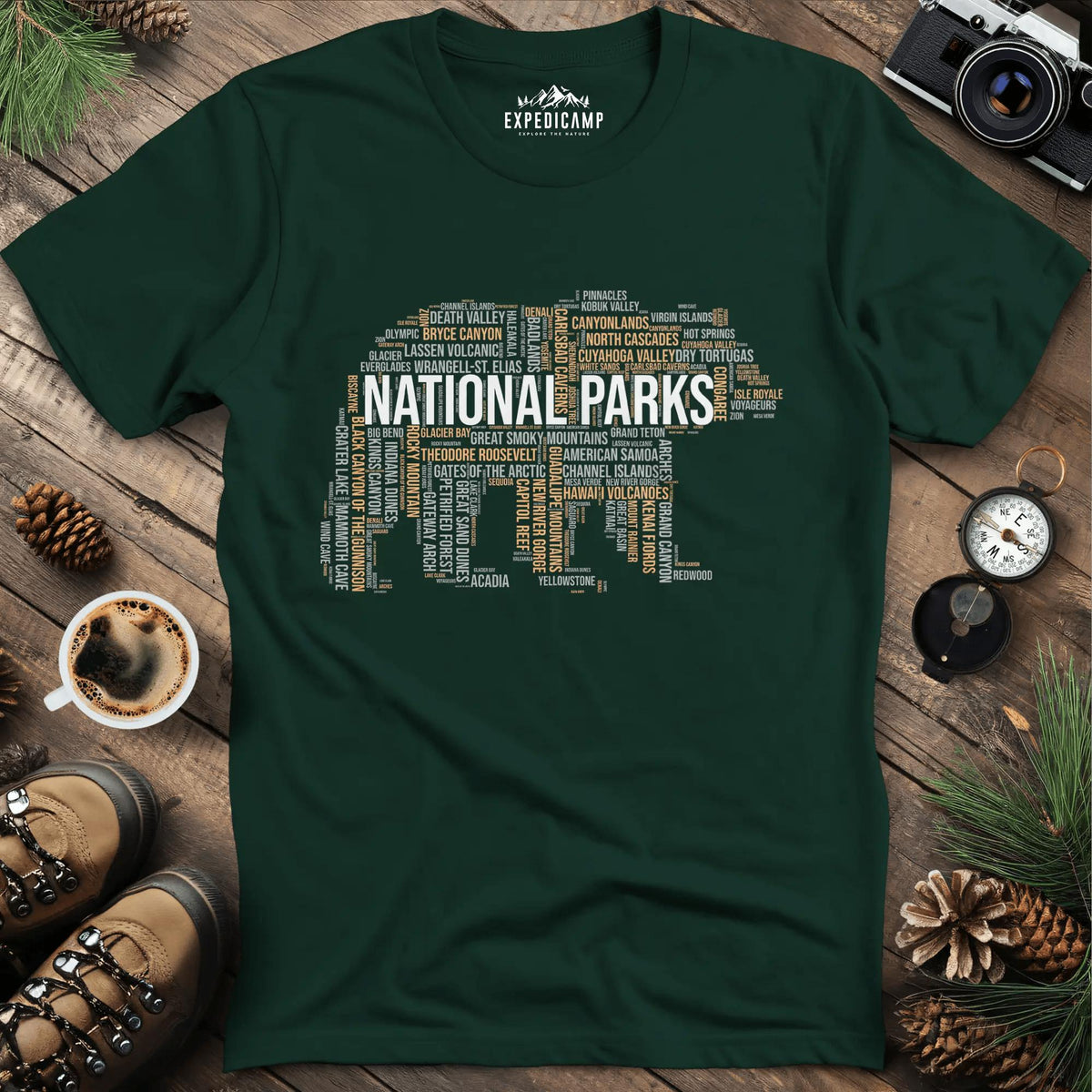 National Parks Bear T-Shirt - Explore the USA – Forest Green – Outdoor apparel for travel, hiking, camping, and nature lovers – ExpediCamp