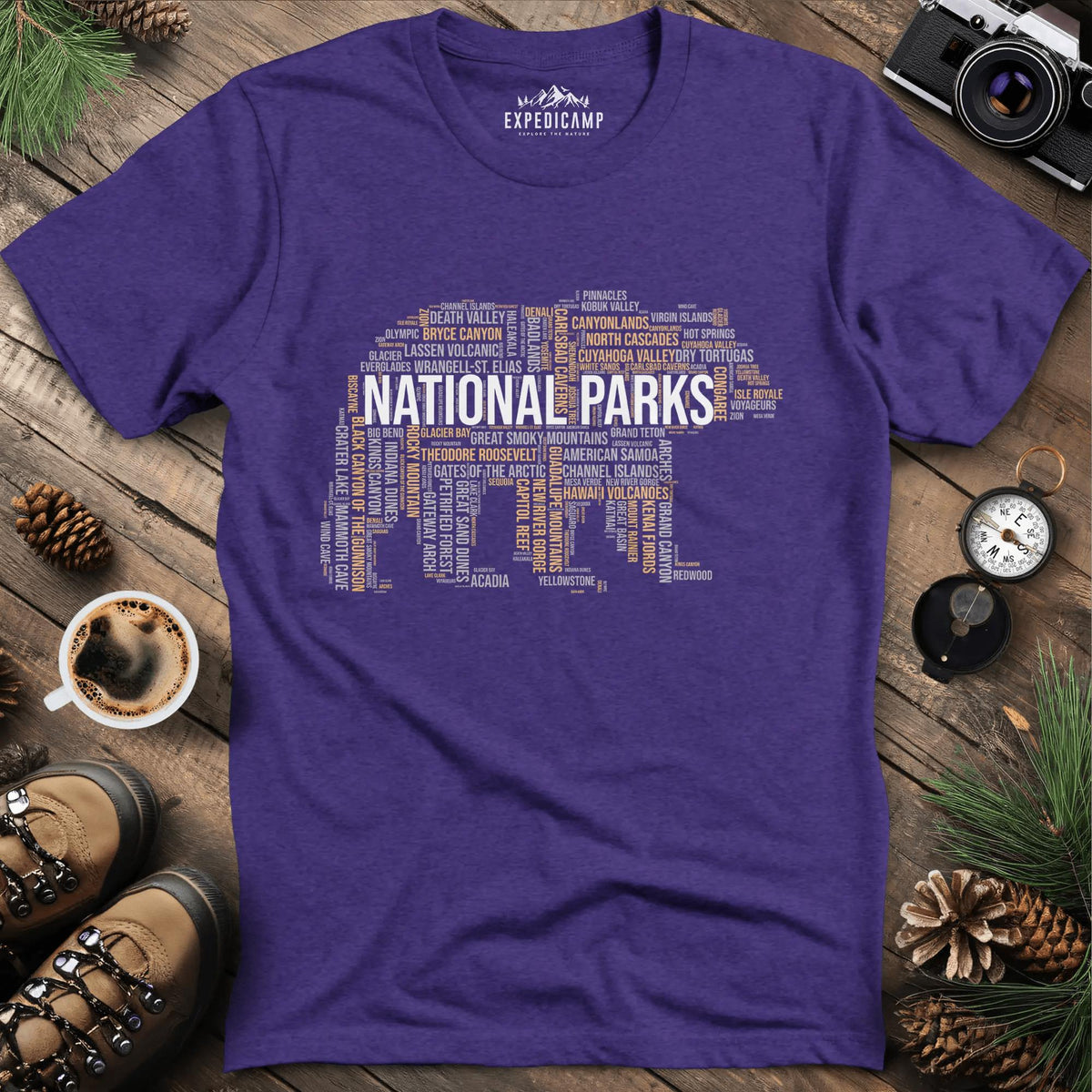 National Parks Bear T-Shirt - Explore the USA – Heather Purple – Outdoor apparel for travel, hiking, camping, and nature lovers – ExpediCamp
