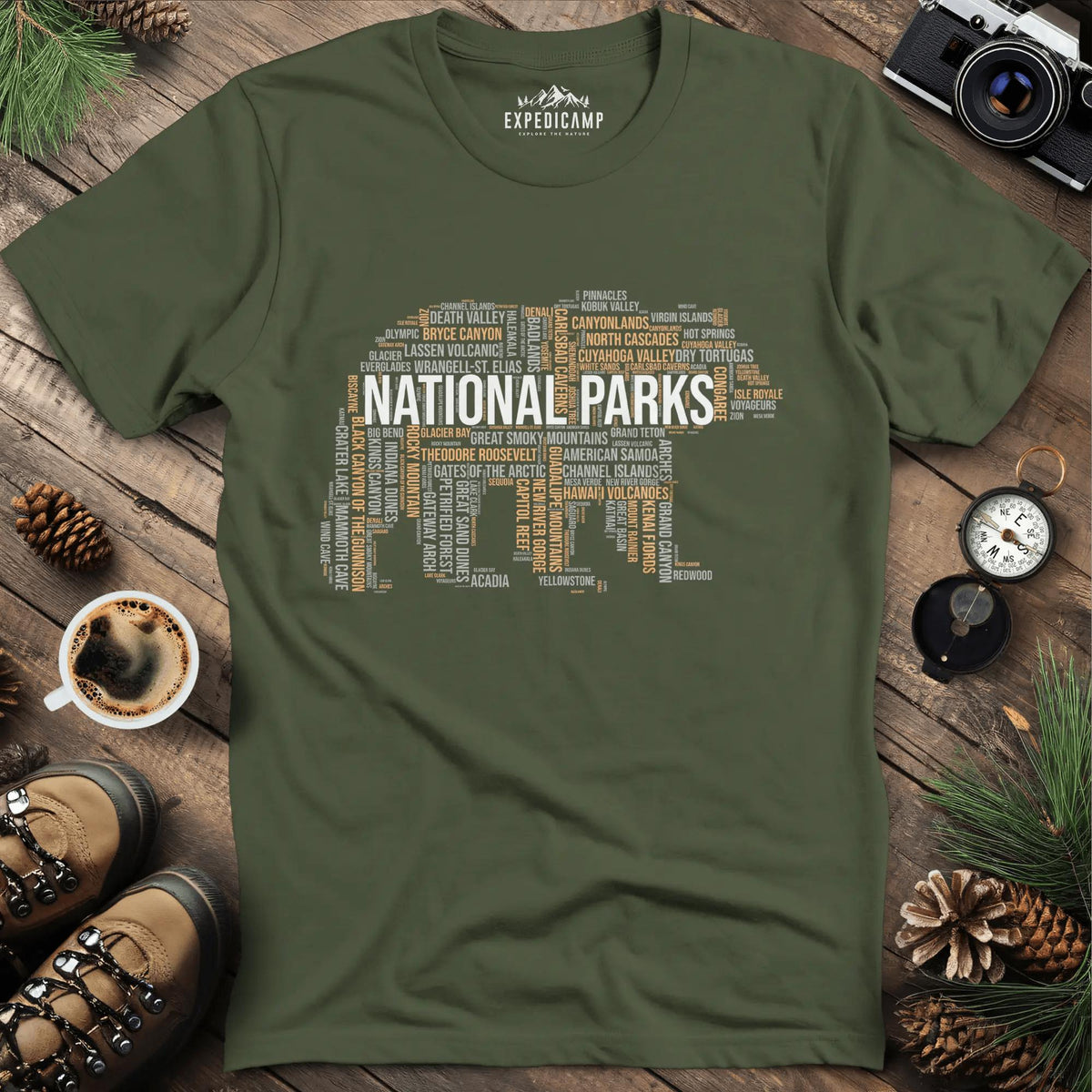 National Parks Bear T-Shirt - Explore the USA – Military Green – Outdoor apparel for travel, hiking, camping, and nature lovers – ExpediCamp