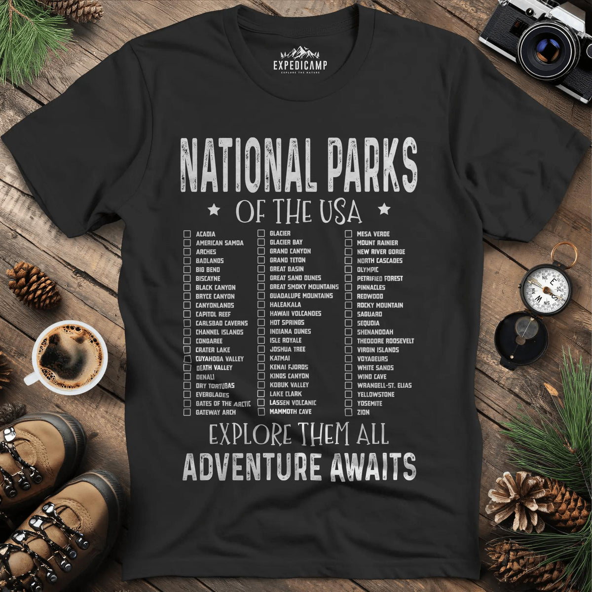National Parks of the USA Checklist T-Shirt – Black – Outdoor apparel for travel, hiking, camping, and nature lovers – ExpediCamp